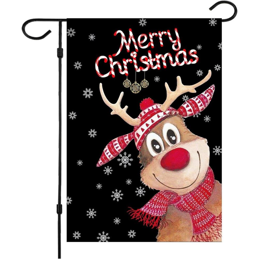 Seasonal Garden Flag 12x18 Christmas Elk Smiling Snowflakes Merry Christmas
